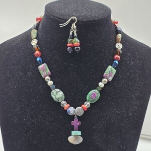 ​Handmade Ruby in Zoisite & Jasper Necklace Set - Purple Cross Pendant